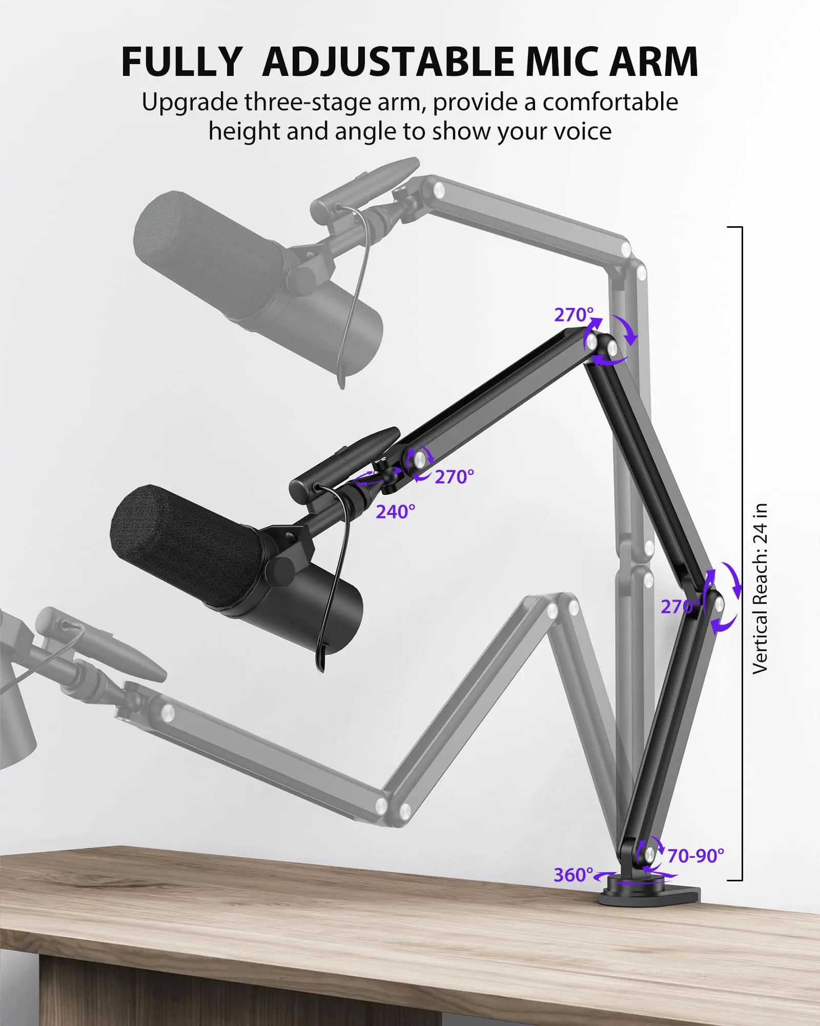 Aluminium boom arm microphone stand for desktop, three sections adjustable with cable management channel, for desktop podcasting