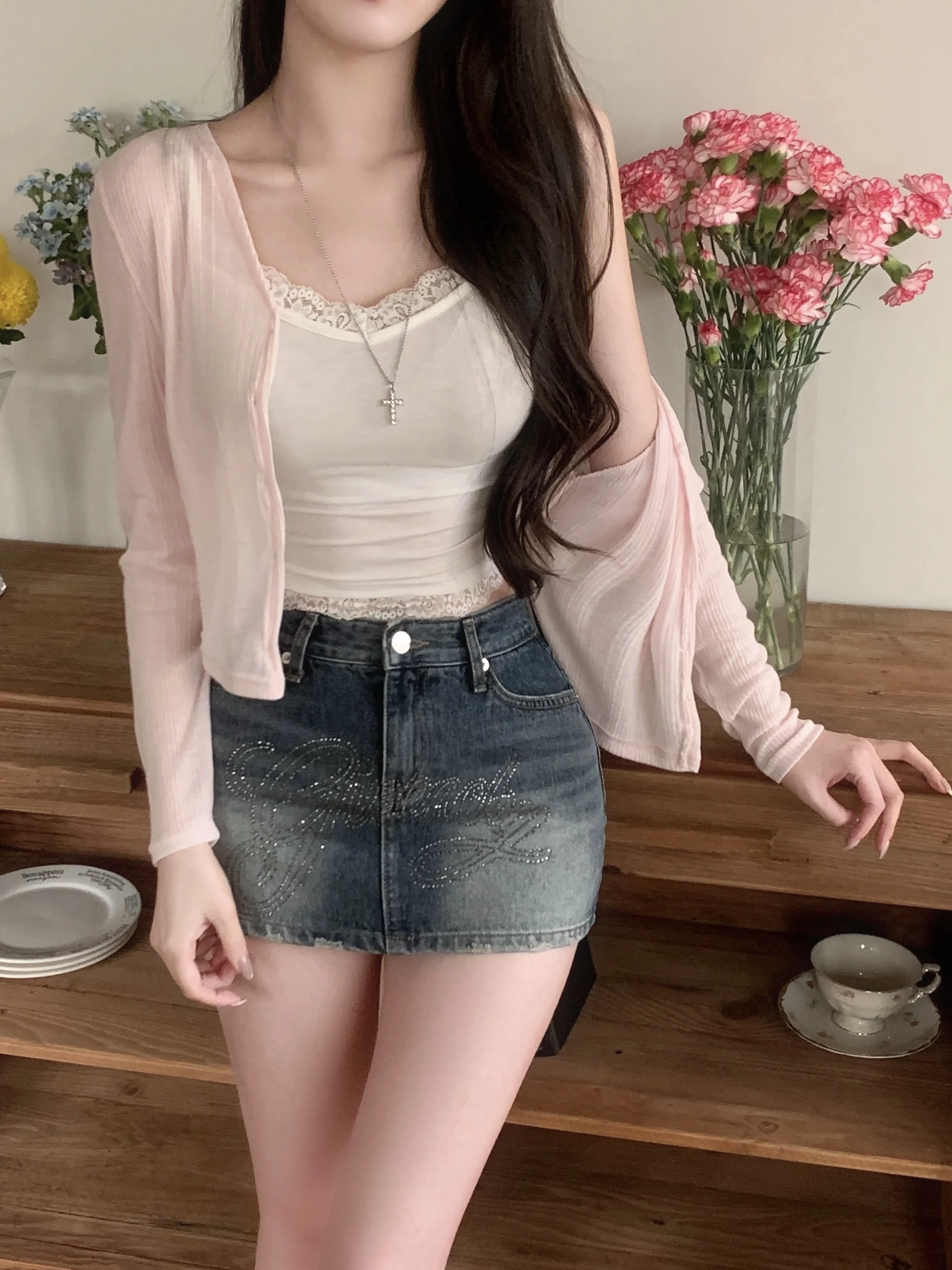 

Low Waist Denim ort Skirt with Rhinestones Elastic Slimming A-Line Sle Vintage Waed New Arrival from Dongda Gate