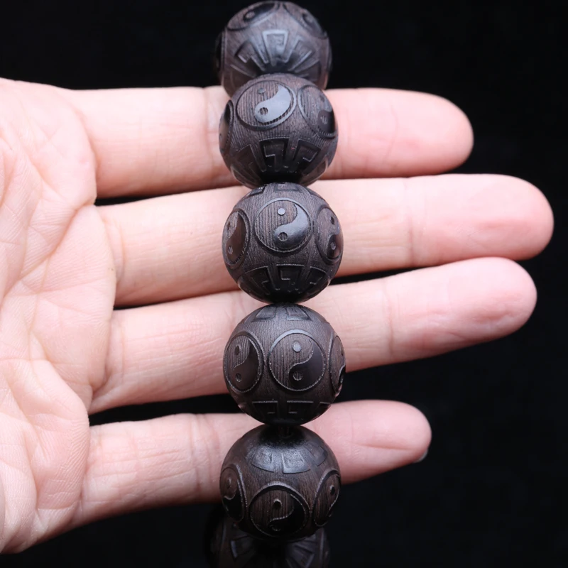 Ebenholz-Herren-Holzarmband, Symbol der Philosophie, männliches Armband, Symbol der Wahrsagerei, 20 mm, schwarzes Holzperlenarmband – Detail 5