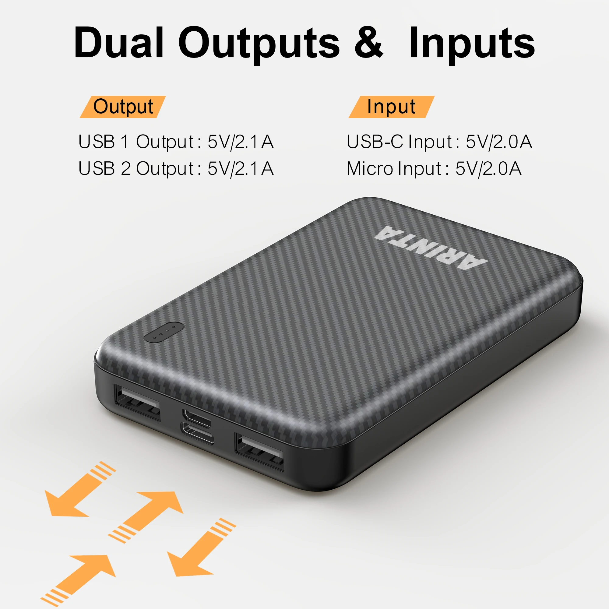 

Портативное зарядное устройство Power Bank, 5000 мАч, дизайн размеров для кредитных карт, два выхода USB, входы USB-C/Micro-USB.