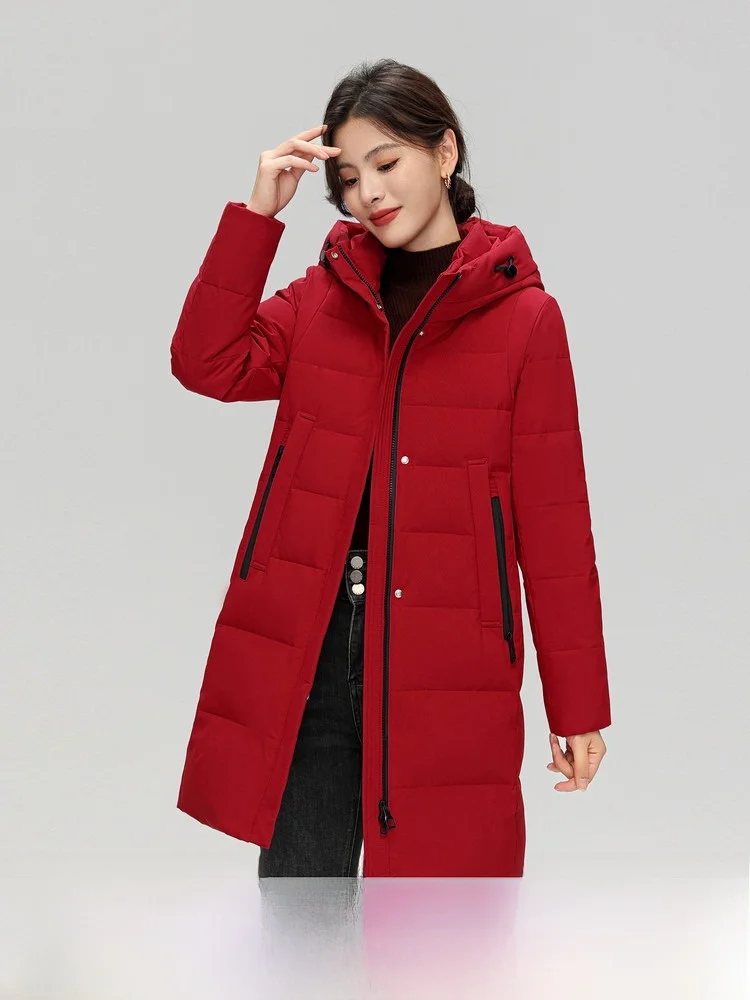 

Snowy Flight 2026 Summer New Women's Mom Hooded down Jacket Simple Elegance Slimming Windproof Warm Mid-Length Quilted Coat