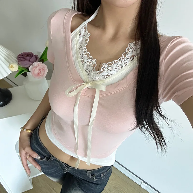 Coquette Contrast Color Patchwork Cropped Top Aesthetic Shorts Sleeve Tops Sweet Pink Korean Style Slim-fit Knitted Tops