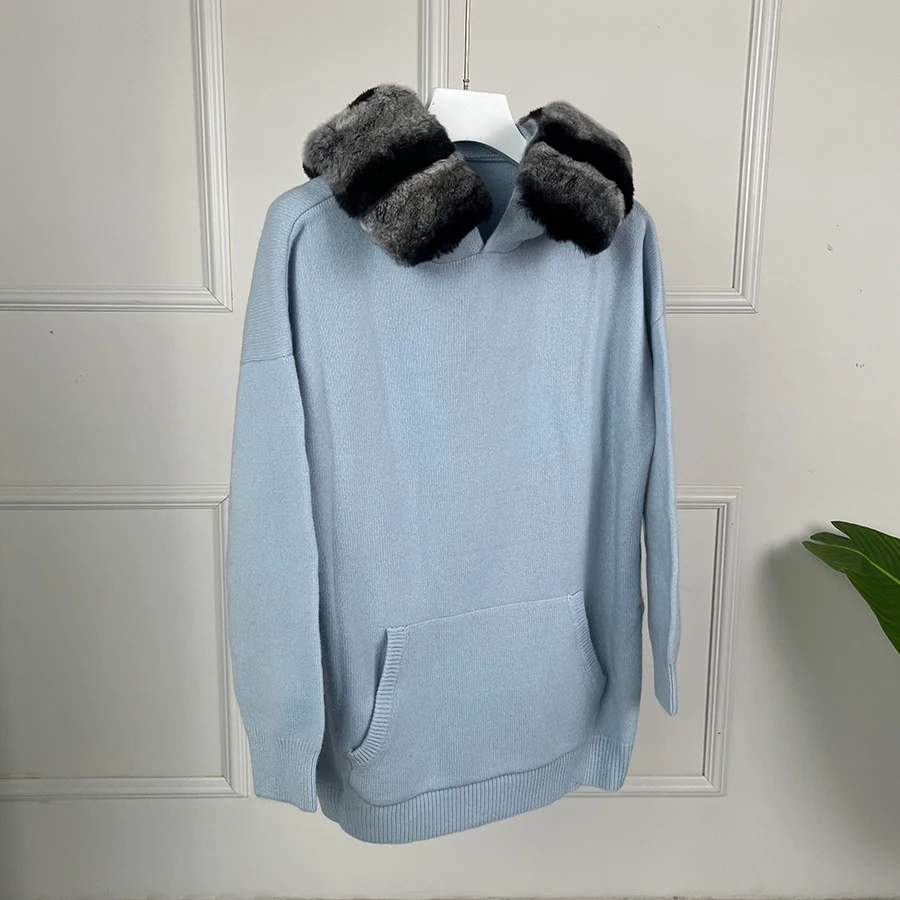 

Pullover Sweater For Women With Rex Rabbit Fur Trim Cashmere Pants Woman Warm Luxury Woolen Sweater Suit