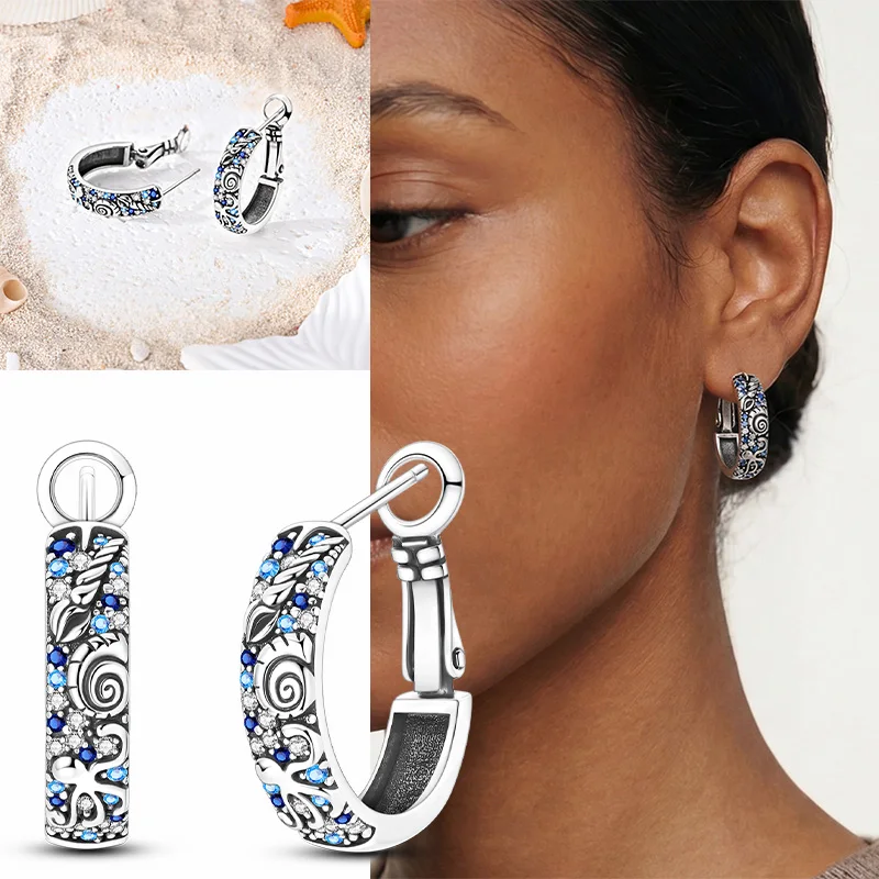 Hoop Earring 925 Sterling Silver Summer Ocean Marine Life Shell Blue Round Shape Pendientes For Woman Jewelry