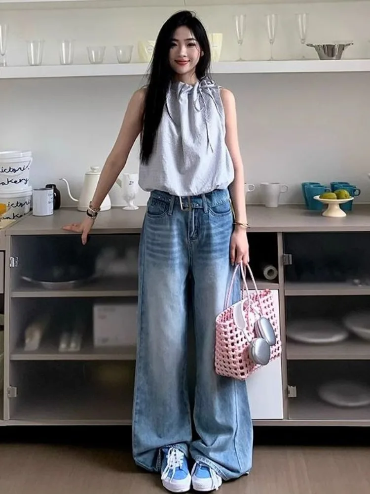 Deeptown Y2K Vintage hoch taillierte blau gewaschene und verzweifelte Jeans Frauen amerikanische Retro Streetwear Harajuku Baggy Hose 1920er Jahre