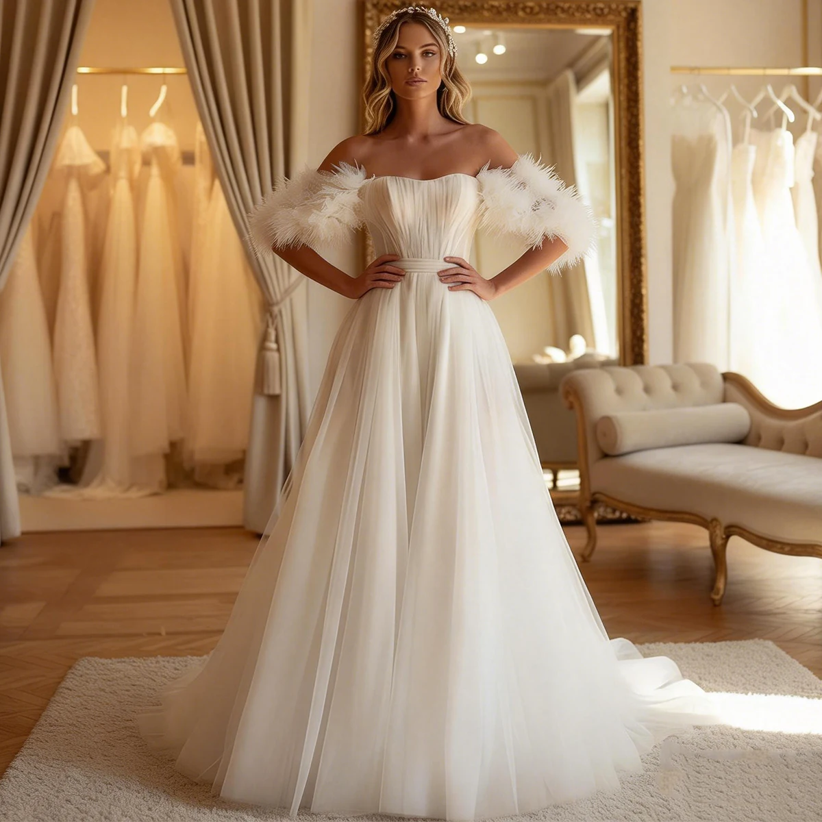 فستان زفاف أنيق منتفخ من التول مع ذيل طويل بدون أكتاف لحفلات الزفاف العروس من فيستدوس نوفيا