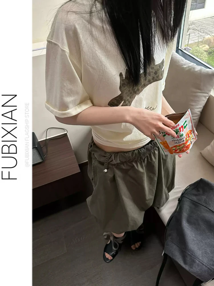 Retro Military Green Elastic Waist Flower Bud A-Line  Skirt Women's Versatile Slimming Short Skirt Anti-Light Walking