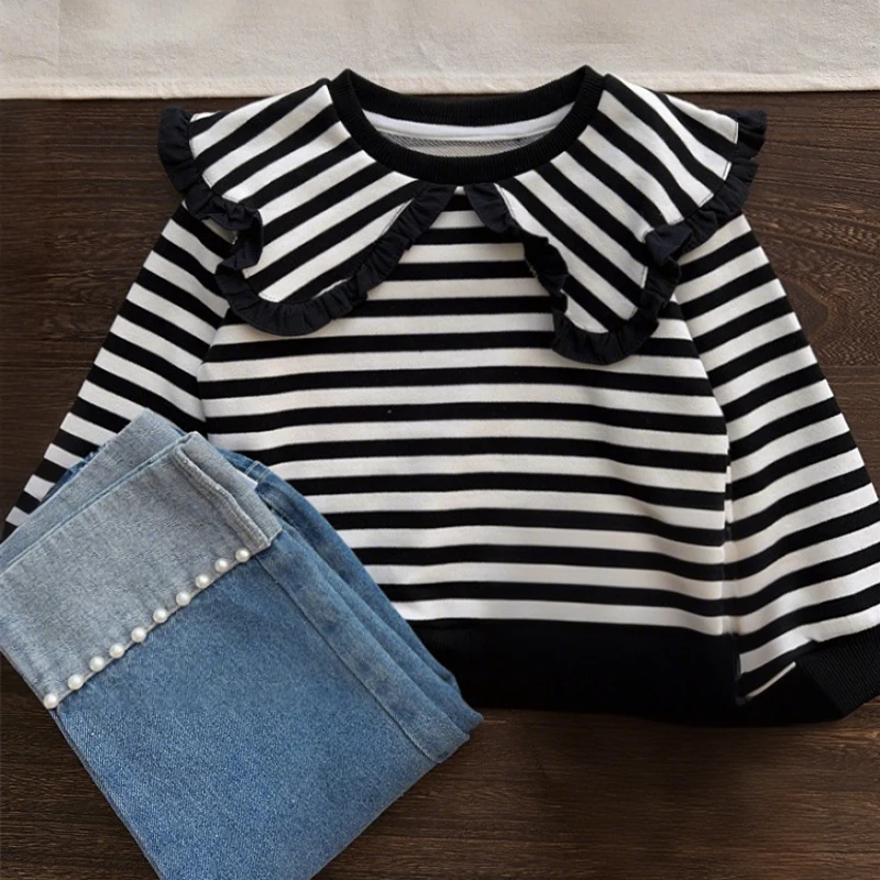 Mädchen Gestreiftes Oberteil mit Schleifenkragen + Perlen-Denim-Jeans 2-teiliges Outfit-Set Kinder Modekleidung Frühling Herbst 4-12 Jahre – Detail 4