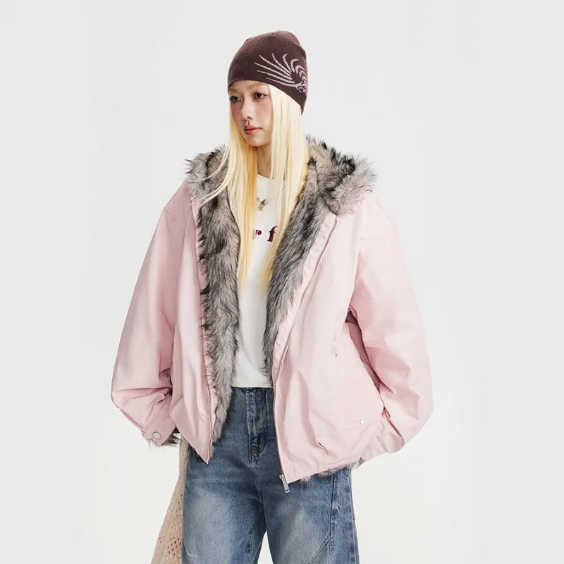 Zipper Black Faux Fox Fur Collar Jacket Loose Hooded Jackets for Women Winter Casual Stylish 2025 Patchwork Overcoats Warm Thick