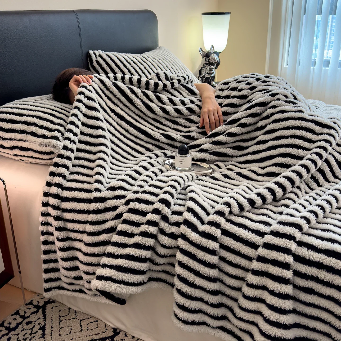 yesImitation Rabbit Plush Striped Blanket Fluffy Soft Fleece Throw Blanket for Sofa Single Double Spring Autumn Warm Bed Blanket