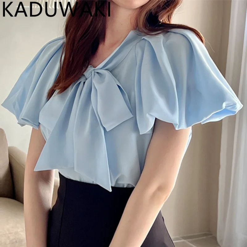 Japanese Detachable Bowknot Lace-up Shirts Sweet Ruffles Short Sleeve Blouse Women Elegant Solid Blusas Mujer Summer 2024 New