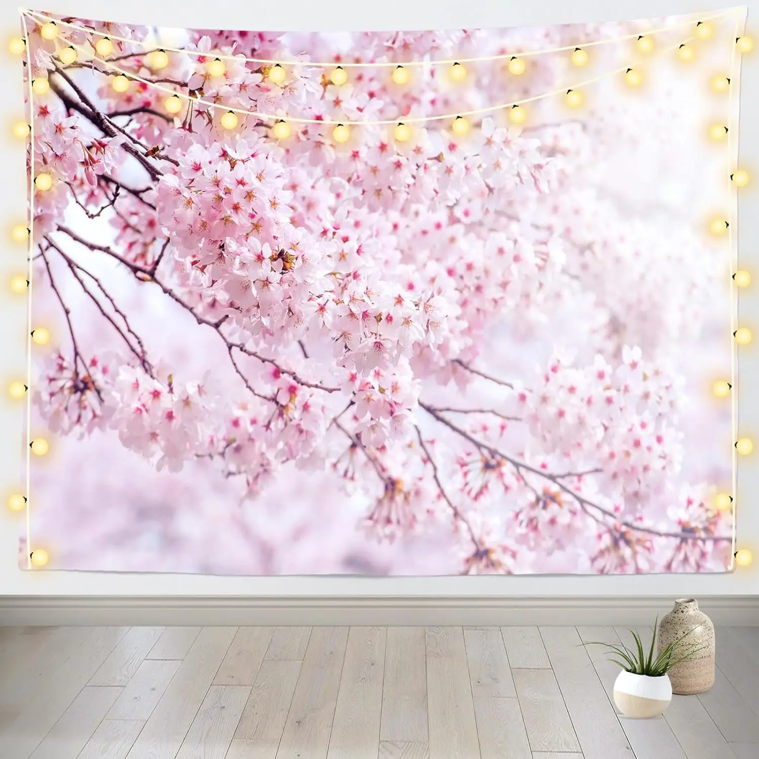 Floral Sakura Cherry Blossom Tapestry Wall Decor LED String Lights Spring Festival Bedroom Art Hanging Polyester