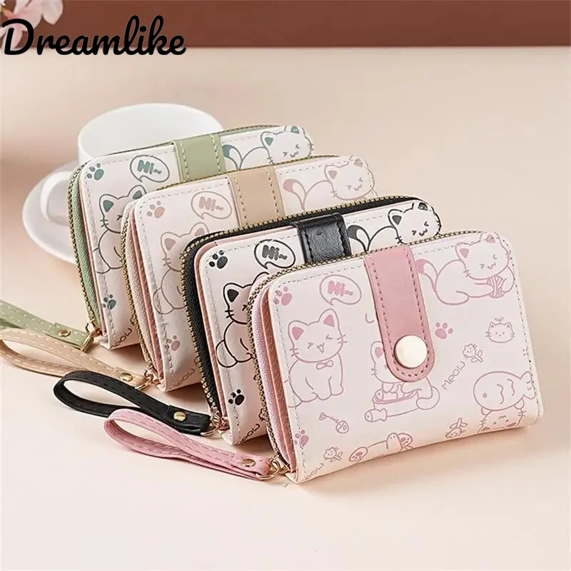 

Cute Cat PU Leather Coin Purse Women Fashion Short Wallet Folding Zipper Wallet ID Card Holder Travel Lightweight Cash Coin Bags