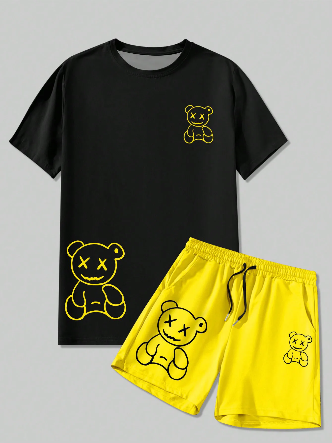 

2024 Harajuku fun summer Men's T-shirt casual Daily couple Outdoor street suit Short sleeve shorts two-piece set