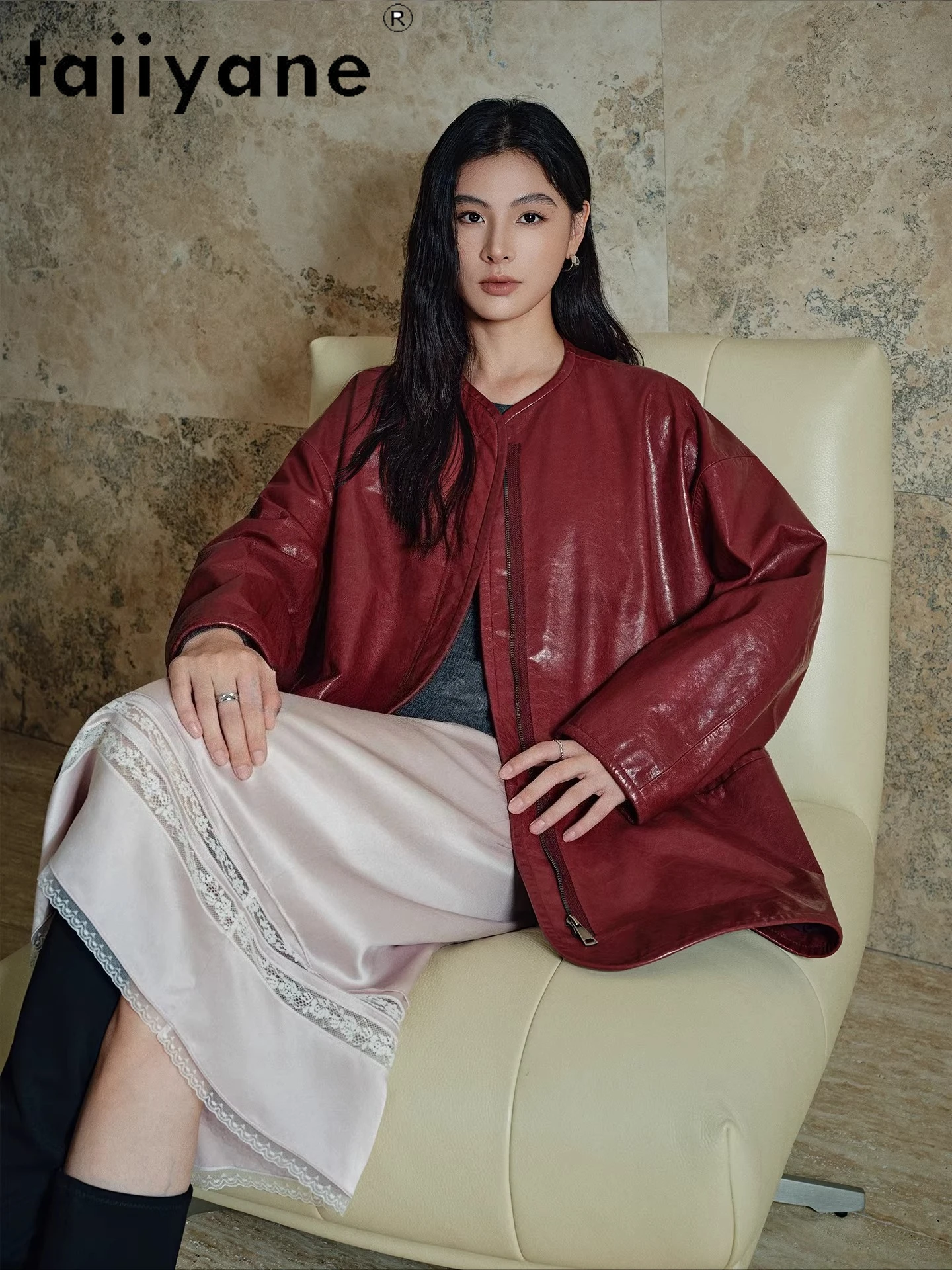 TAJIYANE Echte Ziegenleder-Lederjacken, mittellanger O-Ausschnitt-Mantel, übergroße Echtlederjacke für Damen, 20225, Herbstkleidung zhrбка