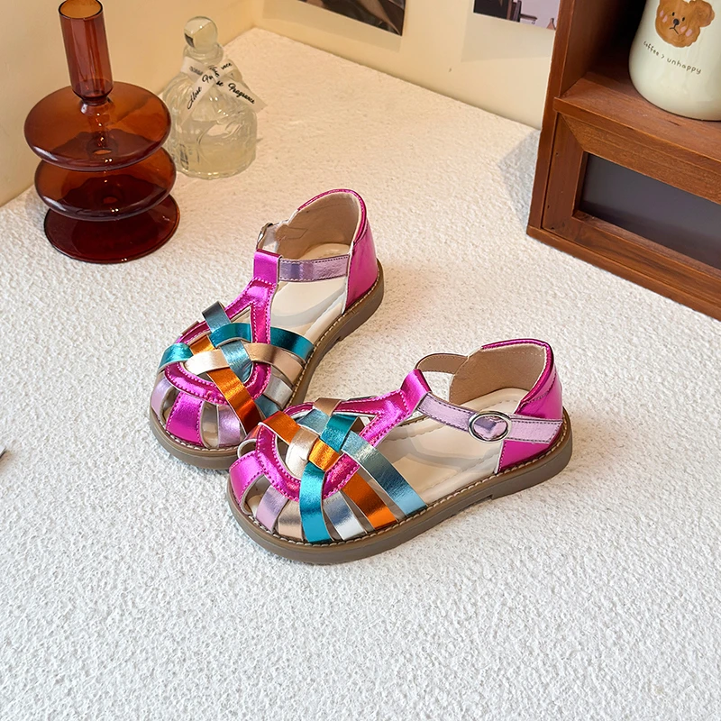 Girls Sandals Rainbow Color Weaved Sandals New 2026 Summer Fashion Princess Party Dress Shoes Toddler Children Beach Weave Flats