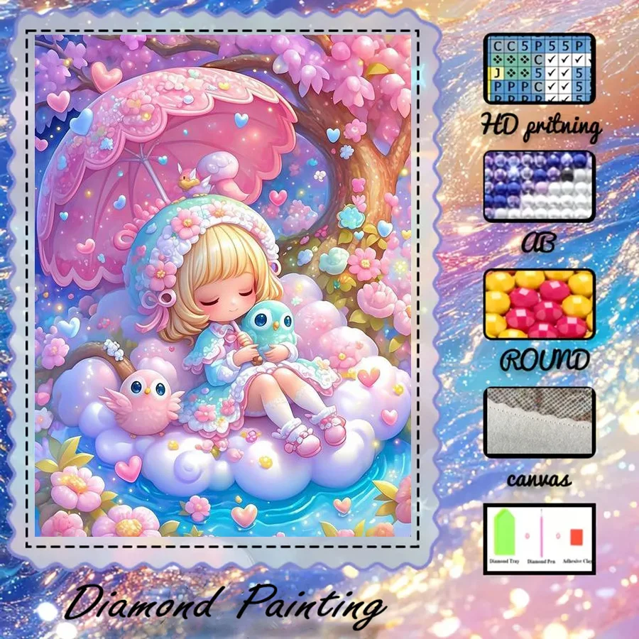 1 Piece - 5D-DIY - Flocking Cloth - Special Drills - Diamond Painting Set - Girls and Animals - Mosaic - Diamond Art