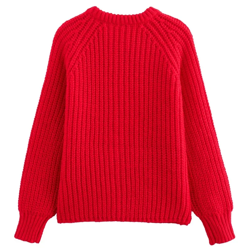 TRAF Women\'s Sweater Spring 2024 Red Knitted Cardigan Crop O-Neck Long Sleeve Tops Korean Style Coat Elegant Fashion Sweaters