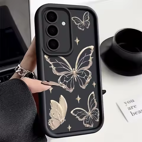 Gold Butterfly Print Case For Samsung Galaxy S25 S22 S23 Ultra S24 FE A56 A17 A36 A26 A55 A16 A15 A35 A25 A54 5G Soft TPU Cover