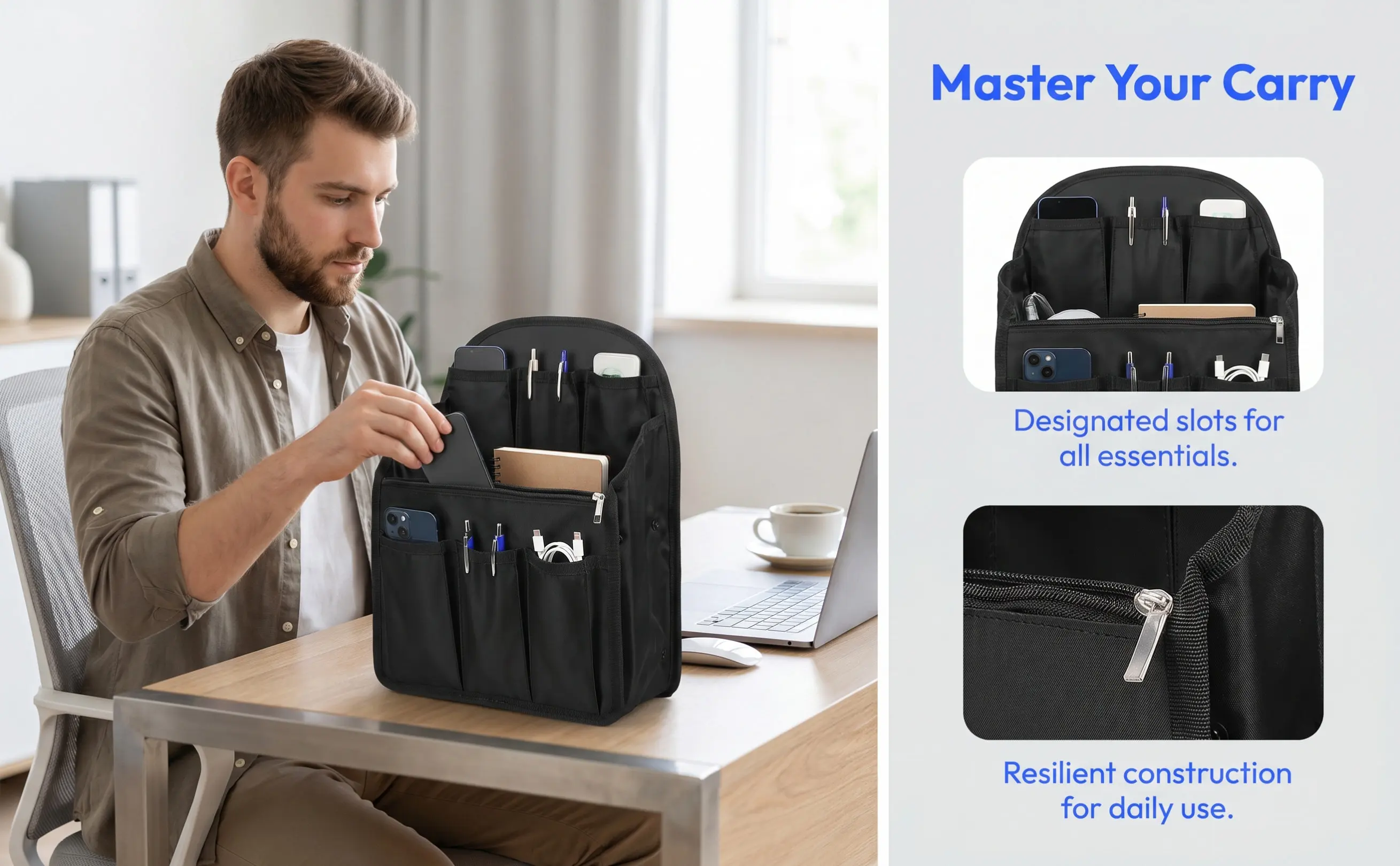 1Pcs Foldable Backpack Organizer Insert Nylon Material Multi Compartment Interior Bag for Cosmetics Easy Access
