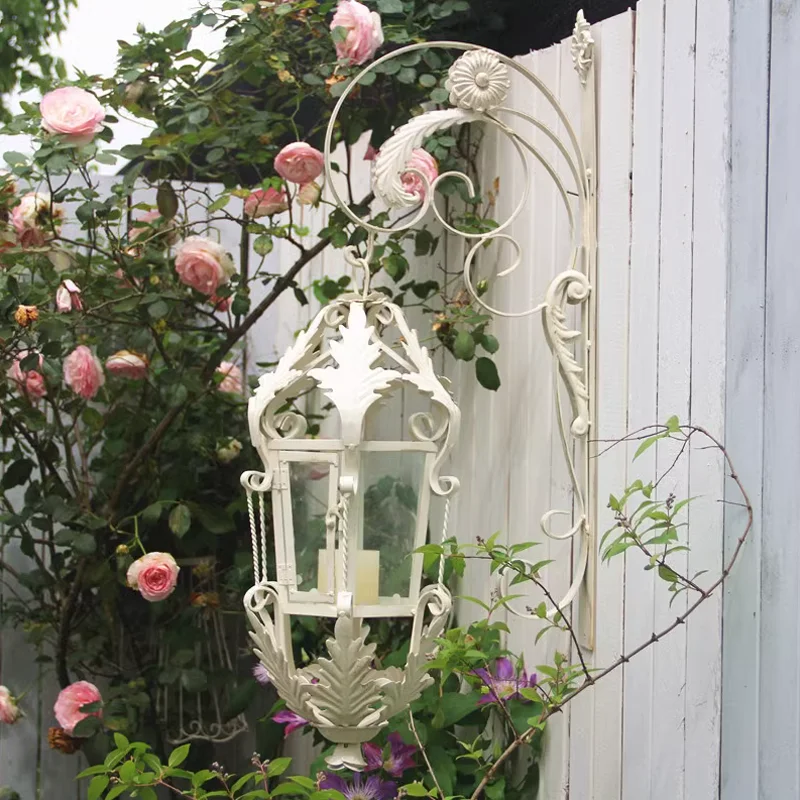 Distressed White Iron Art Wall Sconce Lantern with Glass Hurricane