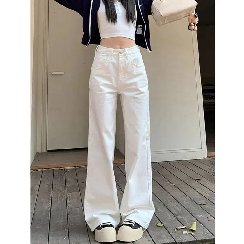 High Waist White Jeans for Women New Simple All-Match Loose Straight Denim Pants Autumn Winter Casual Wide Leg Trousers