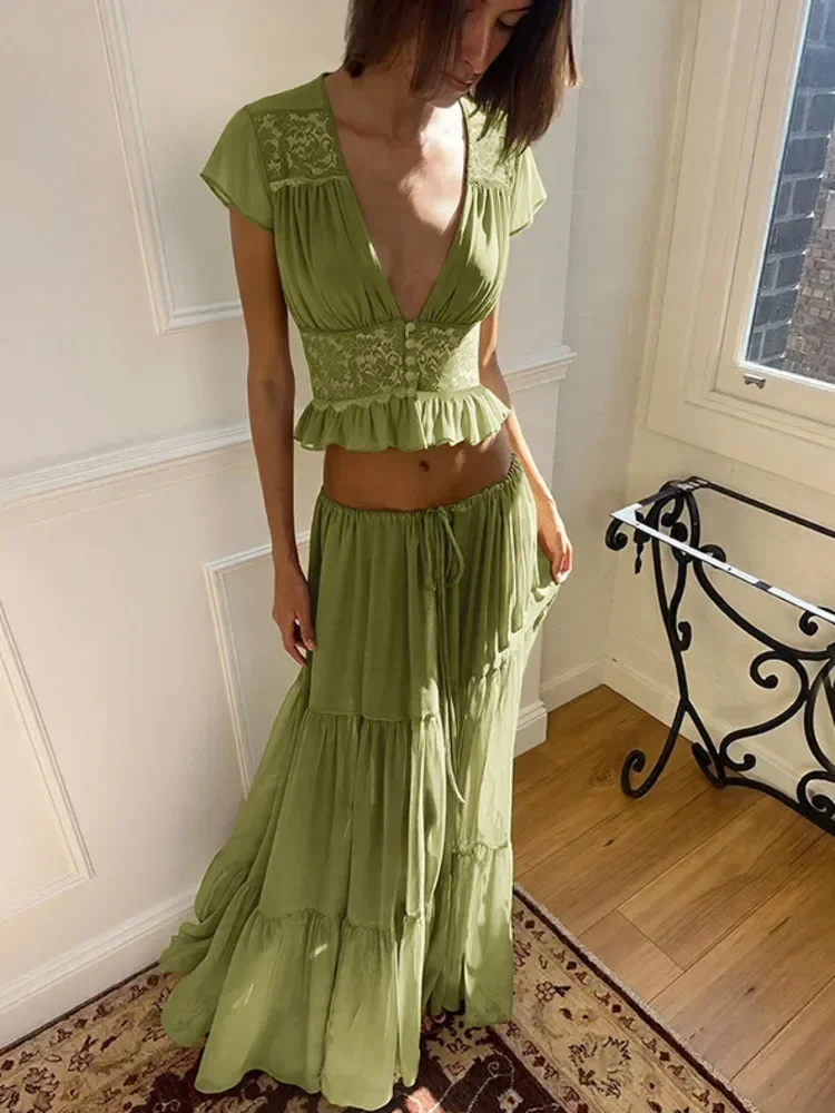 

Sexy Lace Skirt 2 Pieces Sets Women Chiffon Cardigan Ruched Short Sleeve Top And Loose See-through Solid Long Dress Set