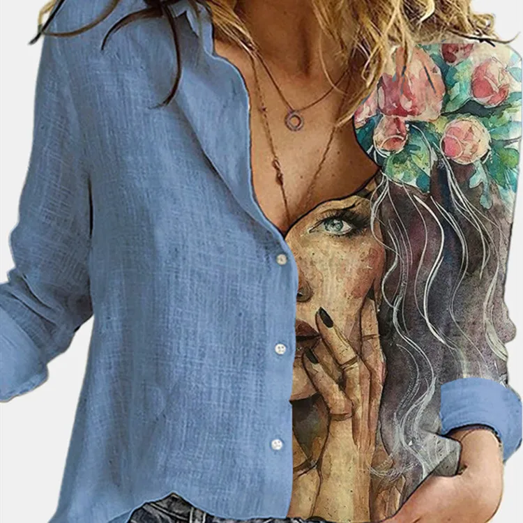 Damska długa bluzka z rękawami do połowy ramienia, elegancka, do pracy, z nadrukiem, łączona, o prostym kroju, zapinana na guziki, okrągły dekolt, długość do kolan, jednolita kolorystycznie.