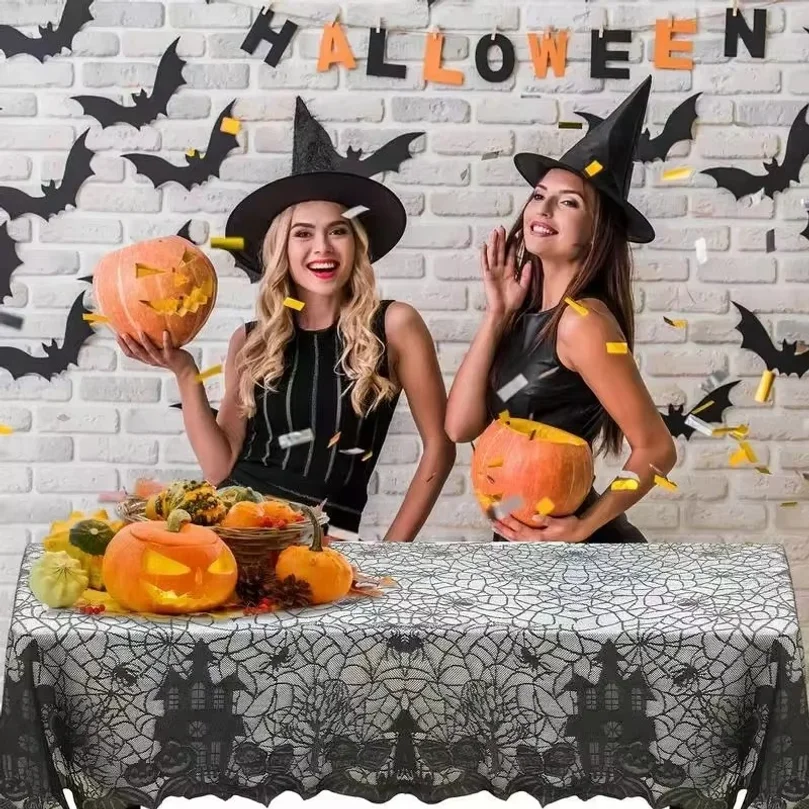 1 Pcs of Halloween Lace Tablecloth Spider Web Skull Pattern Rectangular Shape for Party Decoration Haunted House Pumpkin Design