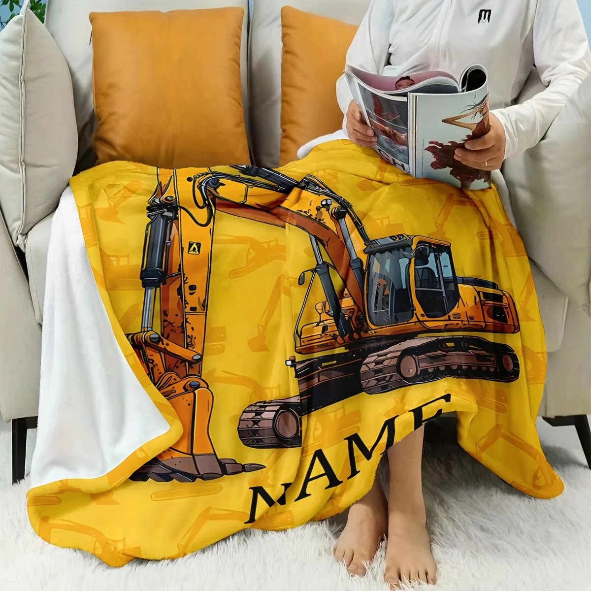 1pc Ultra-Soft Flannel Custom Name Excavator Pattern Boys & Girls Shawl Blanket - Cozy, Warm, Multi-Purpose Gift for Birthdays,