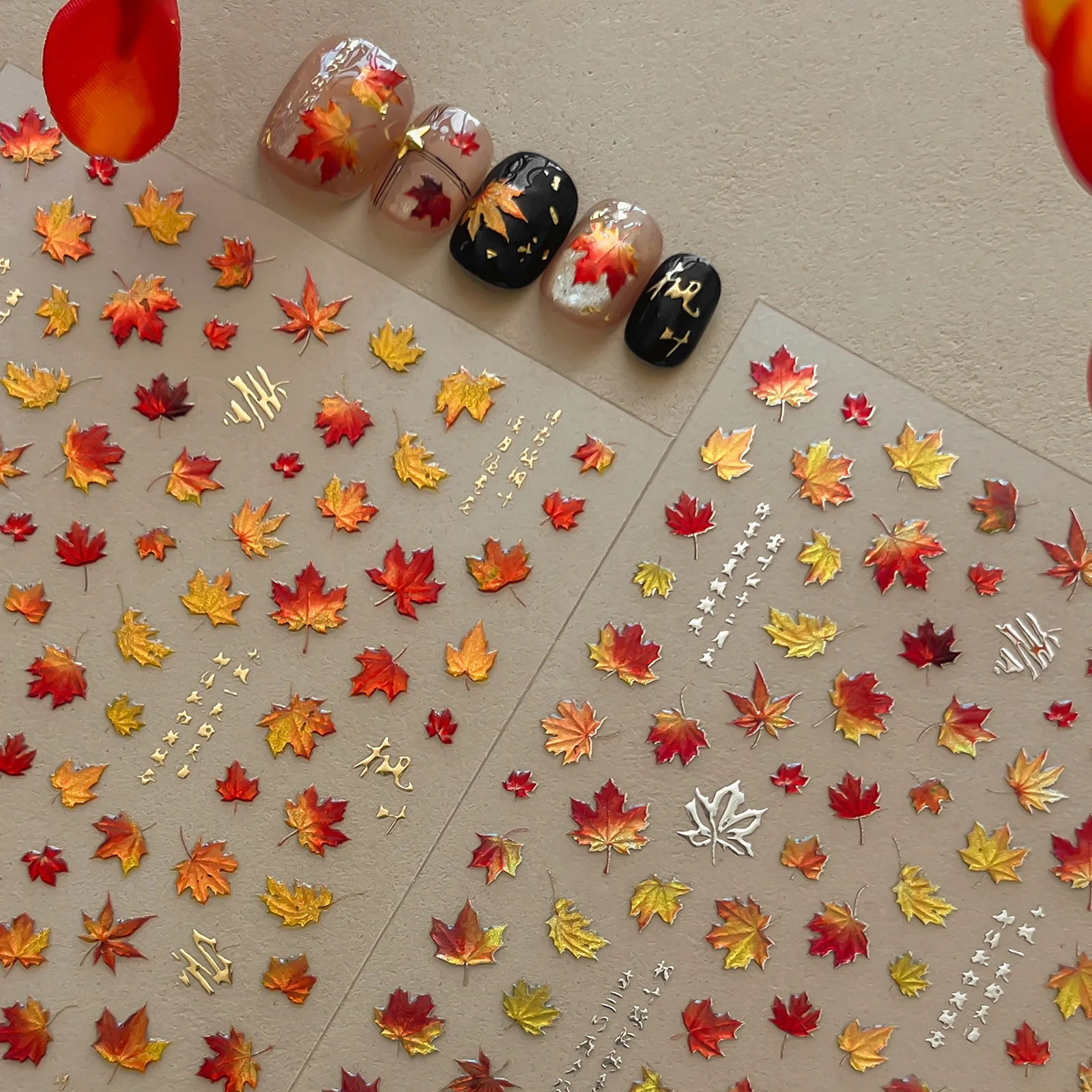 5D Jelly Maple Leaf Nail Art Sticker Shiny Gold Red Autumn Maple Leaves Nail Decals Self-Adhesive Nail Decoration Stickers DIY