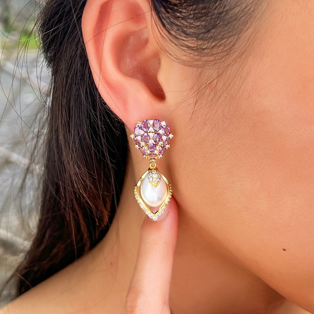 Pera Noble Purple Cubic Zirconia Inlaid Gold Color Long Dangly Pearl Drop Earrings Wedding Banquet Dress Jewelry for Women E0018
