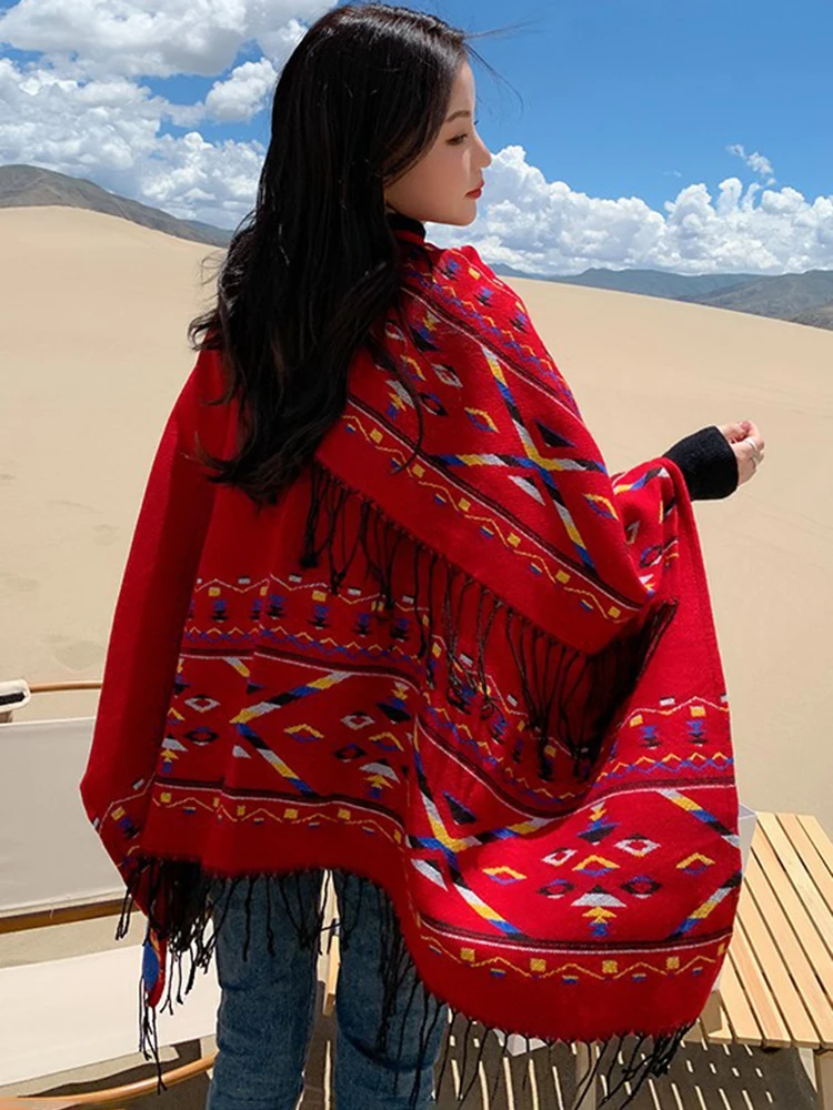 Jastie Ethnic Knitted Shawl Female Vintage Autumn Winter Travel Warm Scarf Cape Ladies Fashion Multifunction Tassel Poncho Women