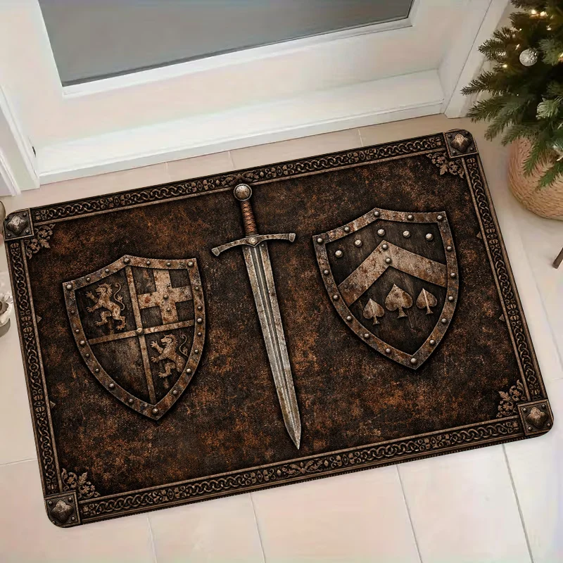 1pc Medieval‑Sword‑Shield Rectangular Area Rug, Indoor & Outdoor Floor Mat for Entryway, Hall, Bathroom, Balcony, Home Decor