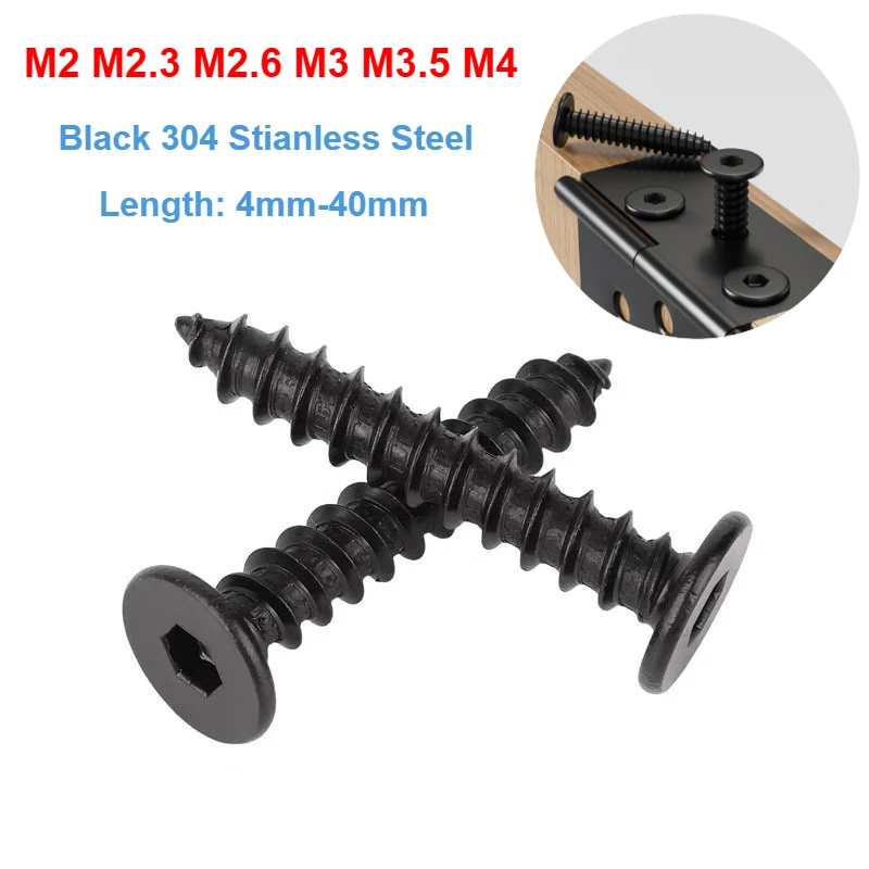 20-200pcs M2-M4 Black 304 Stianless Steel Super Ultra Thin Hex Socket Flat Head Screw Self-Tapping Wood Screws 4mm-40mm