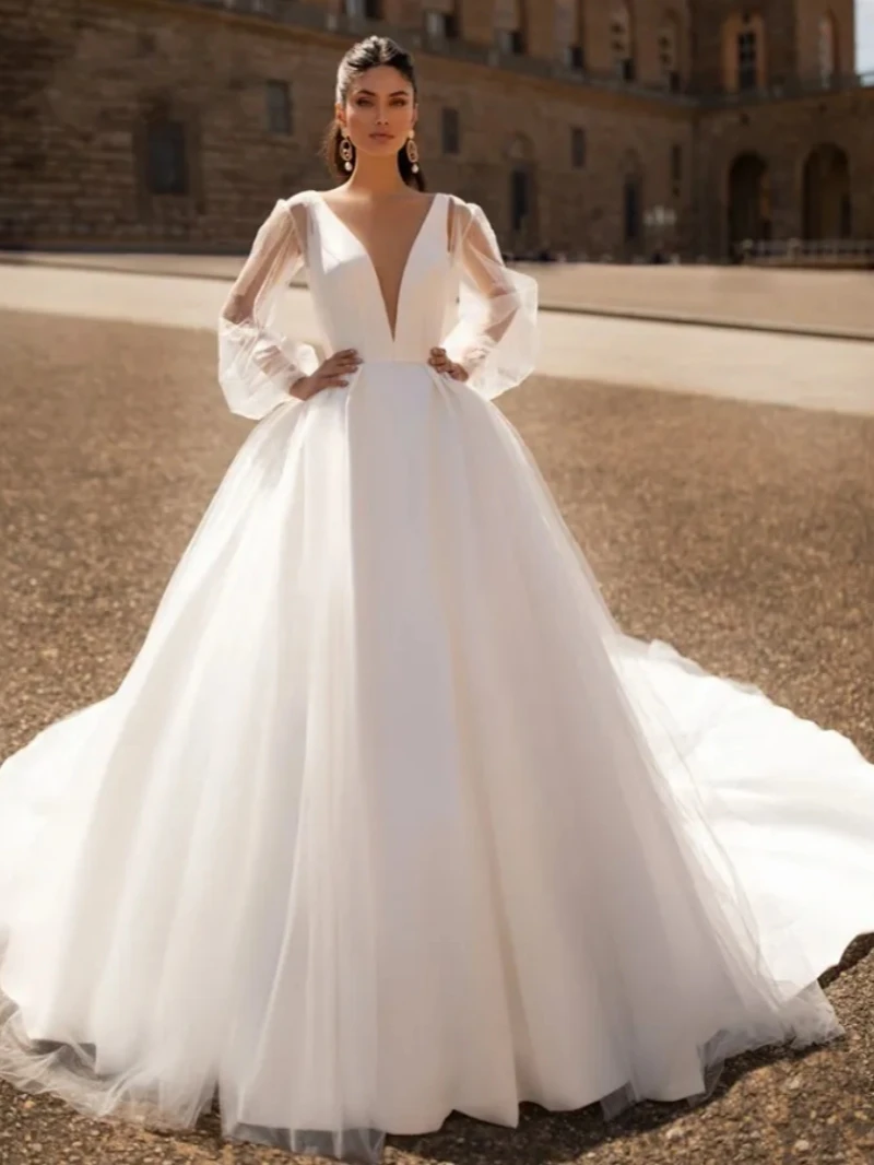 Graceful Simple Wedding Dresses 2024 Long Puff Sleeves Bridal Gowns A-Line V-Neck Tulle Robes For Brides Vestidos De Novia 2024