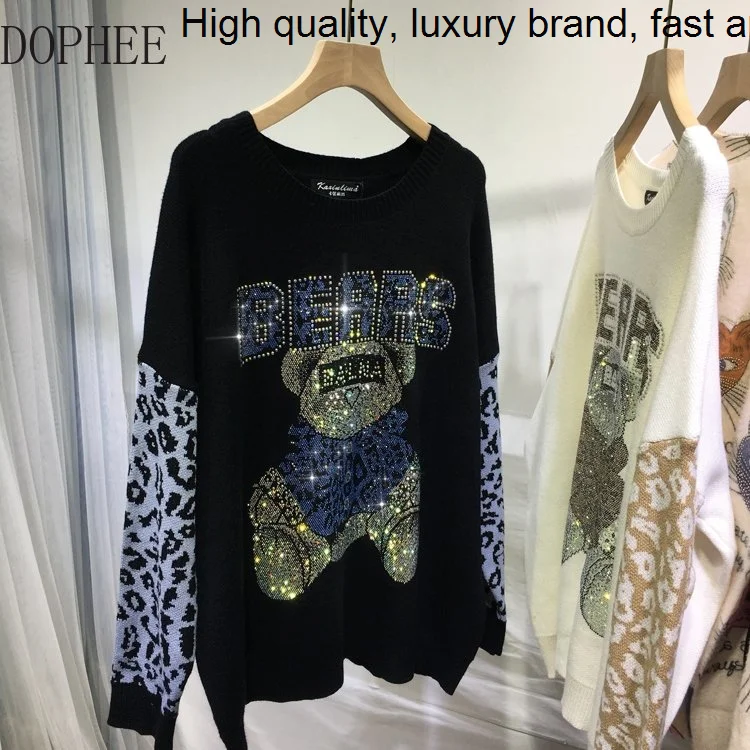 

Bear Hot Trendy Drilling Female Sweater 2023 New Autumn Winter Colorblock Leopard Pullover Top Loose All-match Women Knit Jumper