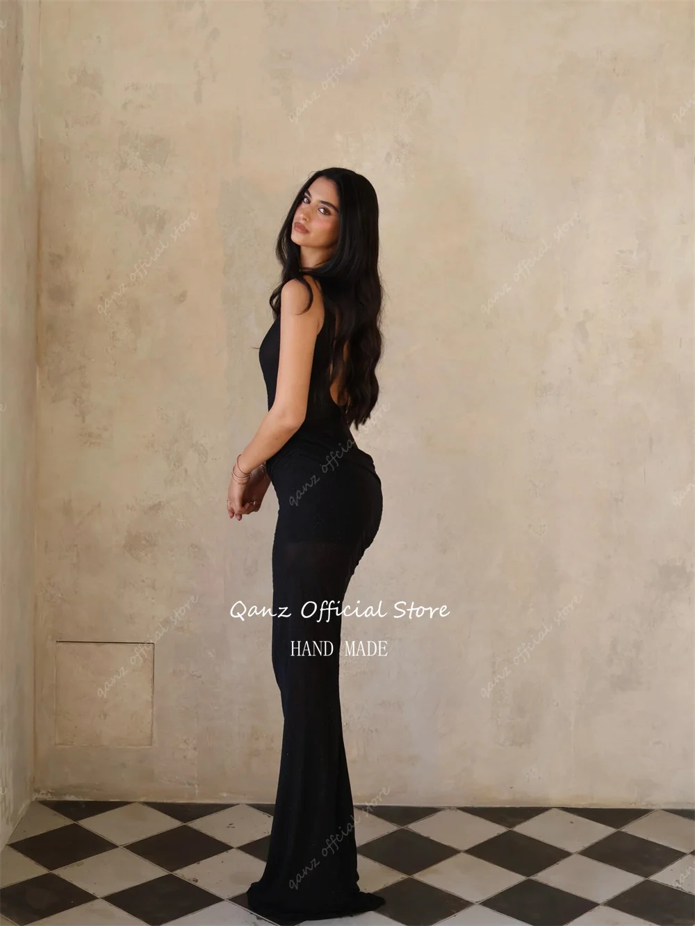 Qanz Schwarze Ballkleider mit tiefem V-Ausschnitt, Meerjungfrau, ärmellos, formelle Abendkleider, rückenfrei, Damen-Robe de Soirée, individuell gestaltet