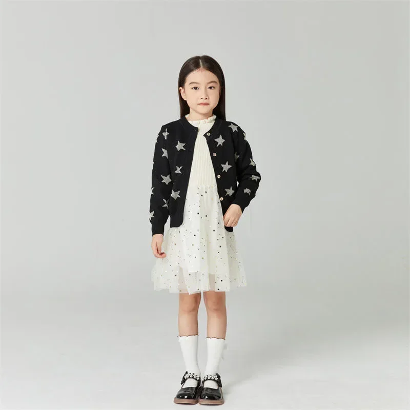 Baby Girls Knit Cardigan Sweater Stars Jacquard Crew Neck Long Sleeve Infant Knitwear Spring Autumn Kids Wearing