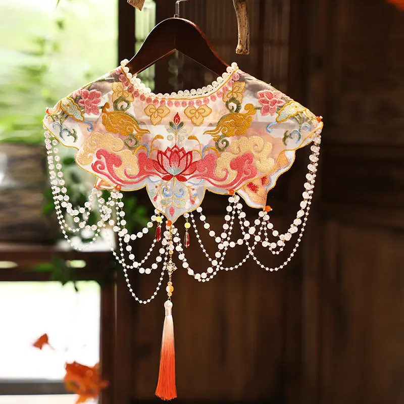 Elegant Chinese Traditional Embroidered Pearl Beaded Tassel Detachable Cloud Collar For Hanfu Wedding Ma Mian Skirt Adult Kids