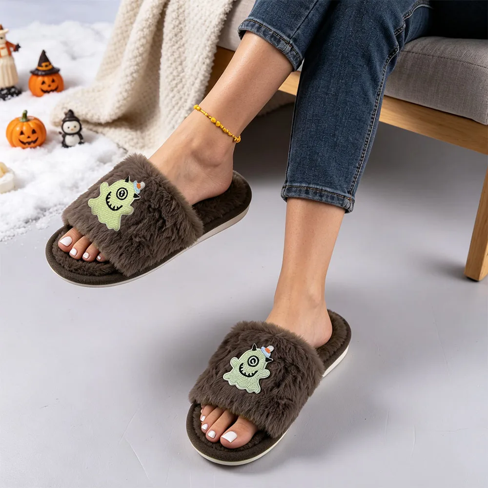 New Arrival Fashion Cozy Halloween Women Fur Slides Lightweight Flat Heel Open Toe Ghost Embroidery Indoor Home Shoes