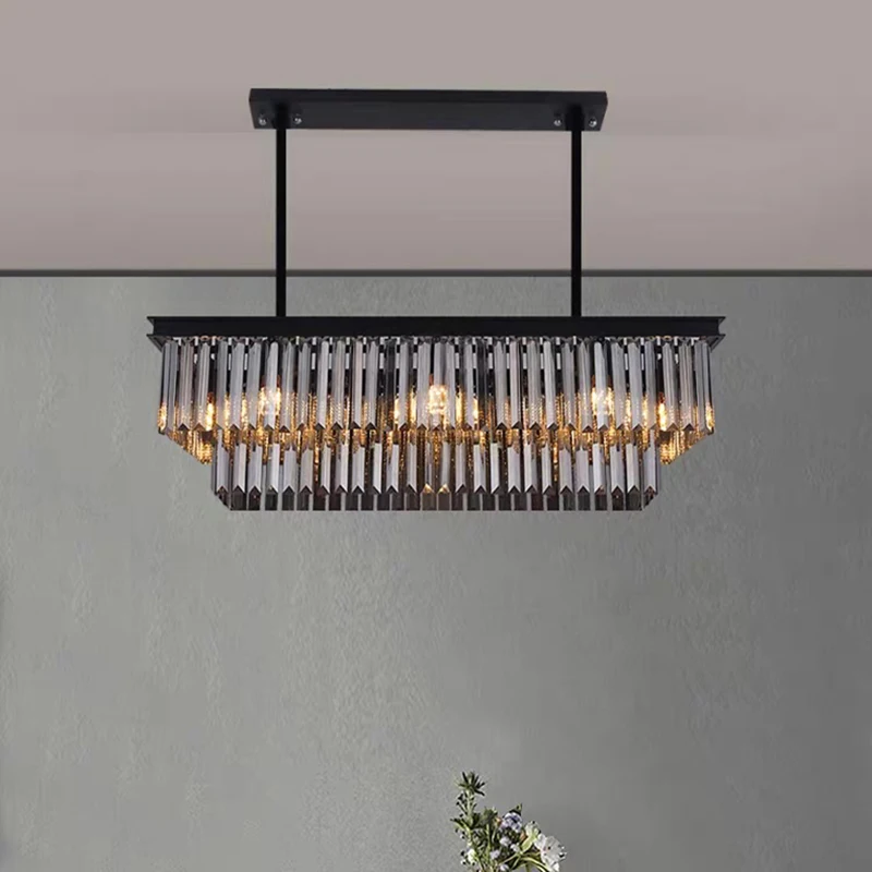 

Minimalist Smoky gray Crystal LED chandelier lustre Black Hardware ceiling for Kitchen island Living room Designer light