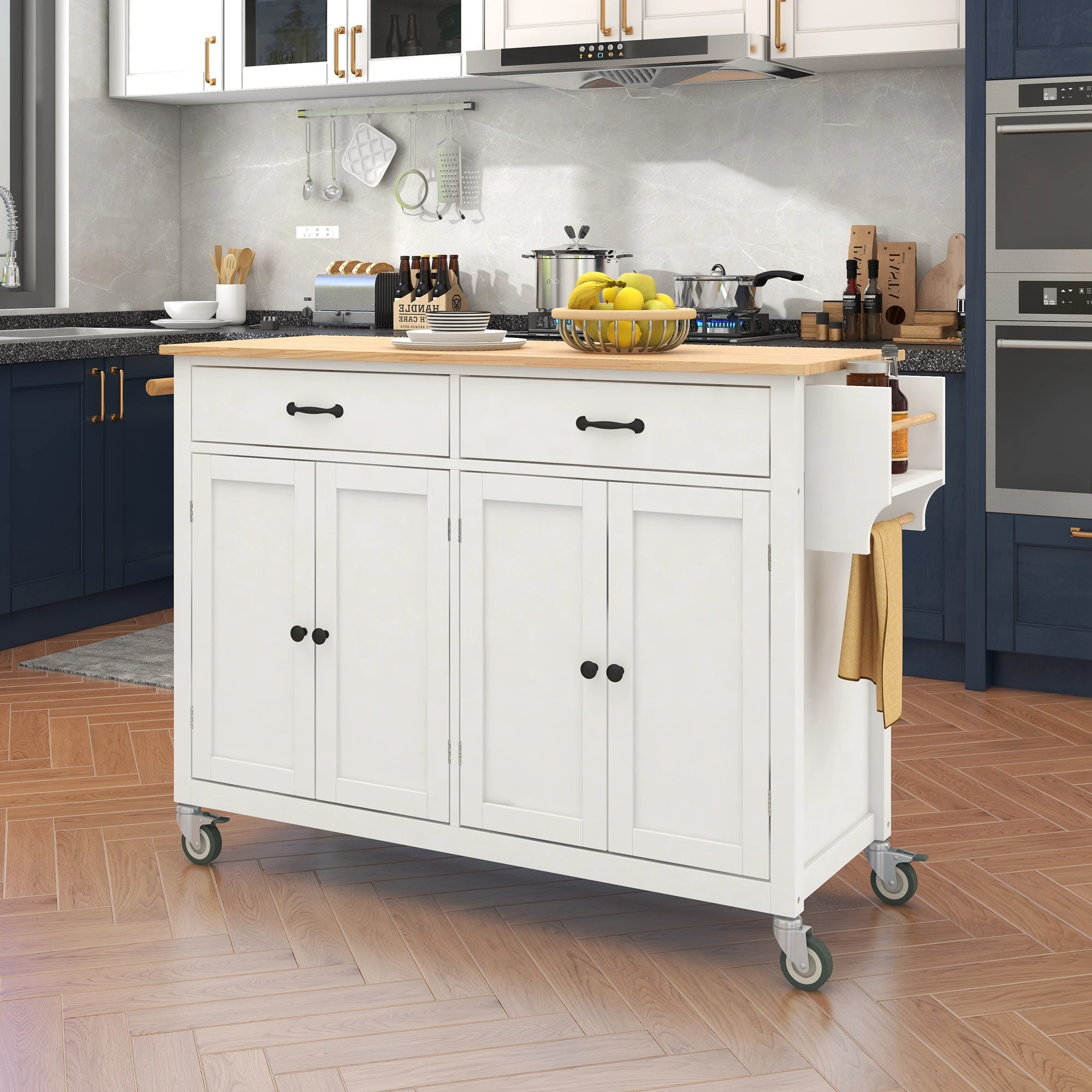 Kitchen Island Cart with Solid Wood Top and Locking Wheels,54.3 Inch Width,4 Door Cabinet and Two Drawers,Spice Rack, Towel Rack