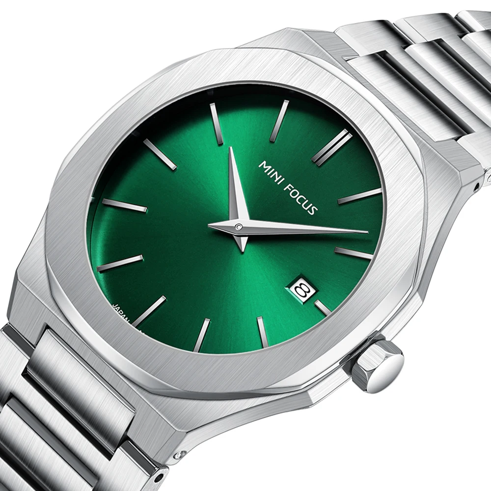 MINI FOCUS Men's Quartz Watch, Japanese VJ34 Movement, 30M Water Resistant, Calendar, Stainless Steel Bracelet, 32mm Round Dial