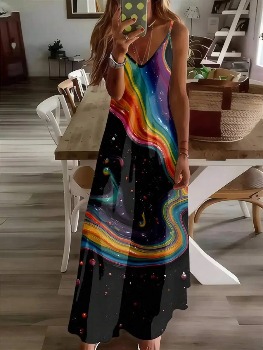 

Womens Spaghetti Strap V Neck Maxi Dress Colorful Fluid Starry Sky Print Loose Fit Sleeveless Summer Beach Dress