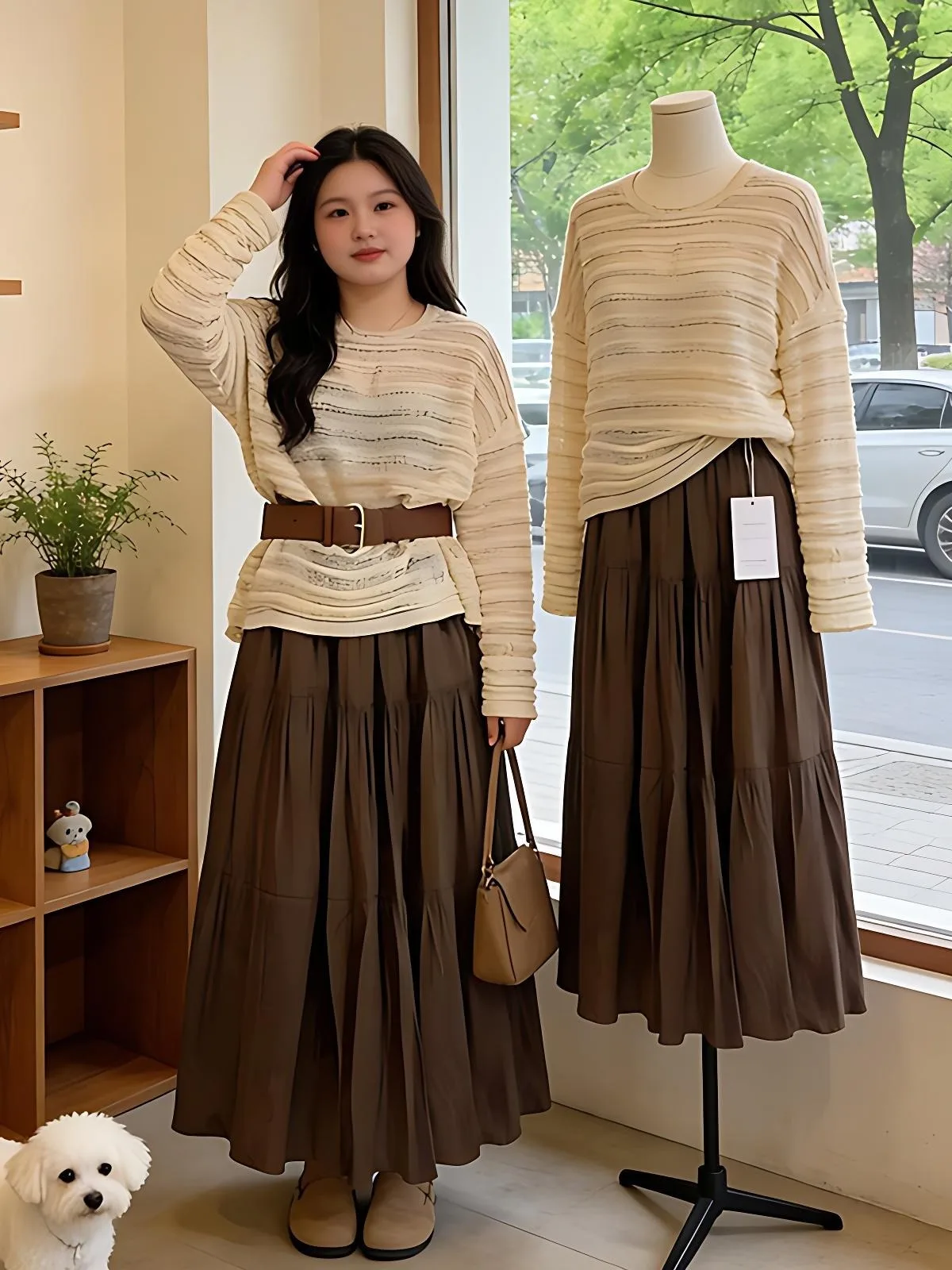 

Ladies Large Size Retro Lazy Style Knitted Set with Hollow Long Sleeve Mesh Skirt Two Piece Spring New Arrival Casual Fashion