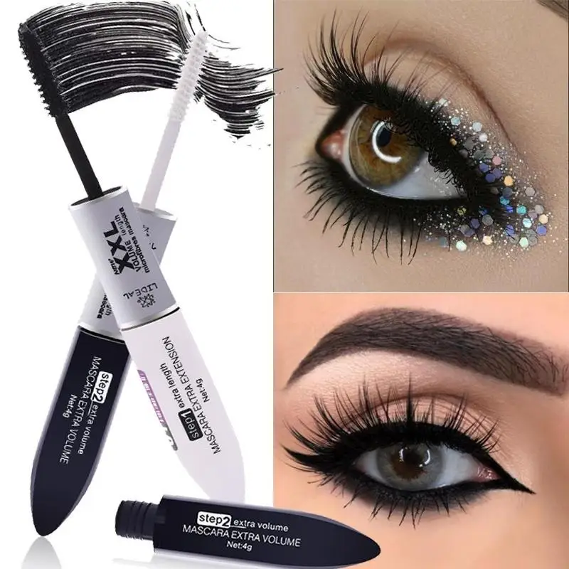 2 IN 1 Black Mascara Waterproof Fine Double Headed Fiber Silk Volume Double Effect Long Lasting Curling Eyes Makeup No Smudging