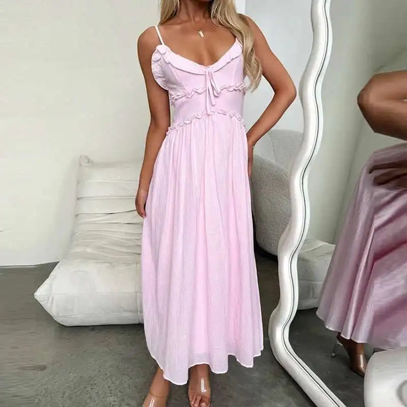 Sexy Hollow Out Sleeveless Pleated Beach Simple Solid Color Women's Holiday Dress New V Neck Ruffle Suspender Long Dresses