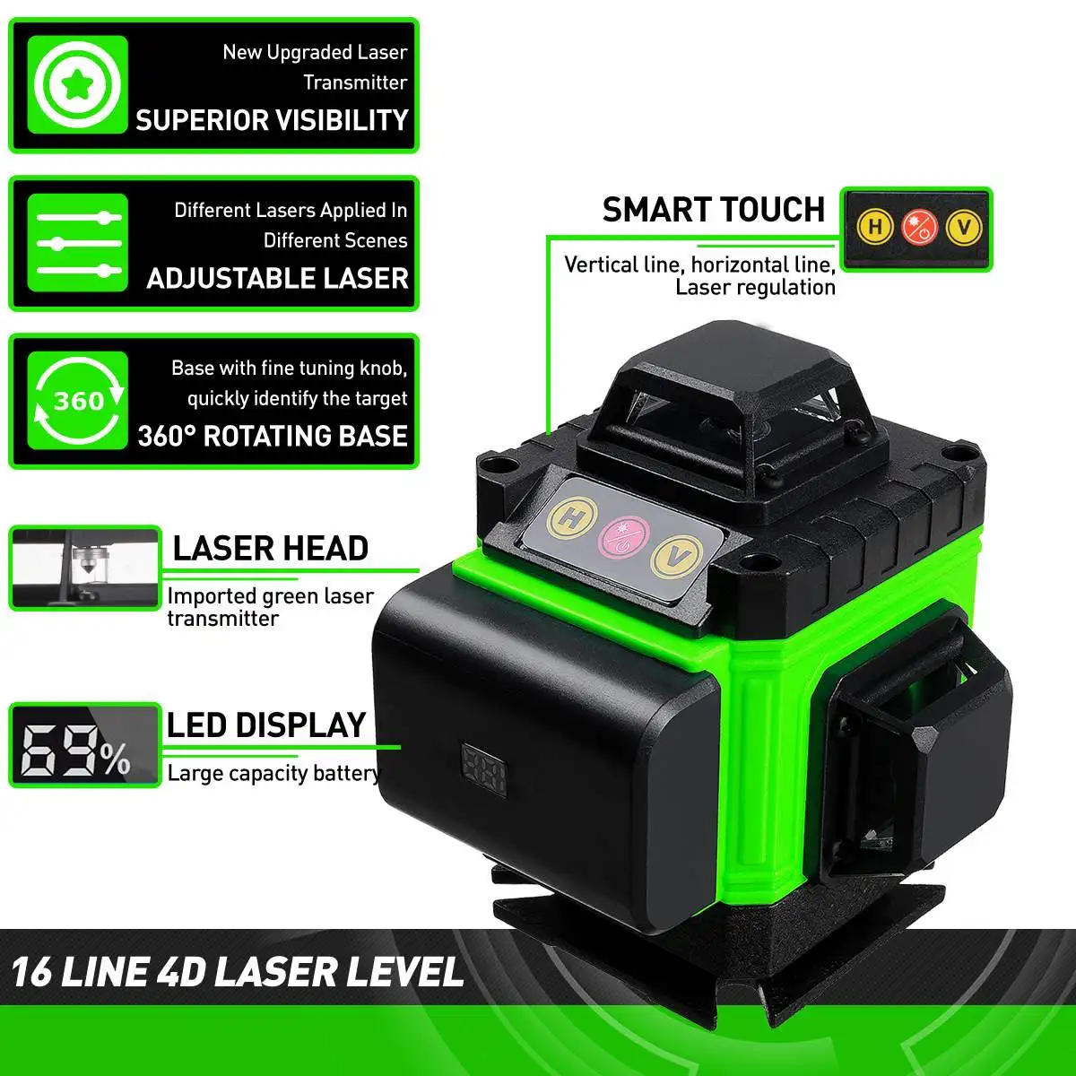 MUSTOOL 16 Lines 4D Laser Level Self-Leveling 360 Horizontal And Vertical Cross Super Powerful Green Laser Level With 2 Battery