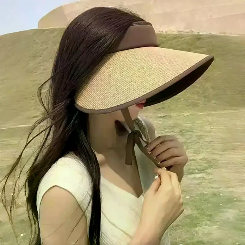 Summer Women's Big Brim Vinyl Empty Top Hat Foldable Riding Shade Surround Hat Straw Hat Removable Sunscreen Hat